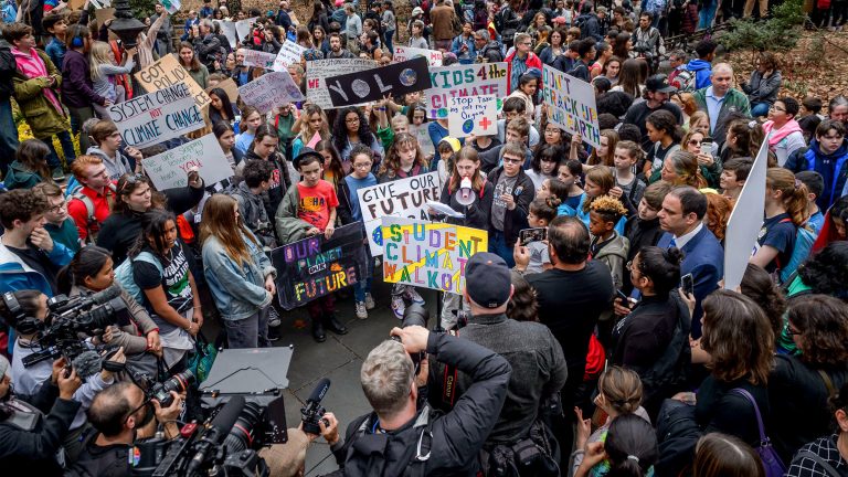 Alexandria Villaseñor, 13, speaks at the climate strike in City Hall Park, New York City, on March 15, 2019. Millions of students across the world walked out of class that day to protest climate change.