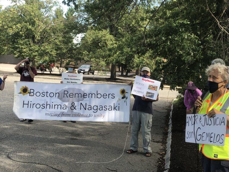 Minga Claggett-Borne of Cambridge Friends Meeting with protesters at Raytheon parking lot, August 6, 2020