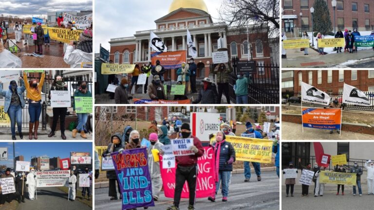 Jan. 22, 2021 Actions in Massachusetts to welcome the Nuclear Ban Treaty. Clockwise from upper left: Northampton; State House; General Dynamics in Pittsfield; Park St Station, Boston; Raytheon BBN in Cambridge; Northampton; Fresh Pond Mall, Cambridge; young activists at State House.