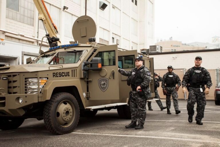Cambridge Police Department deployed a Ford F-550 BearCat emergency response vehicle for a Black Lives Matter healing event in Lafayette Square on July 10. Community members organized a meeting last week to discuss what they believed to be an overly militarized response by the police. Courtesy photo/Black Lives Matter Cambridge