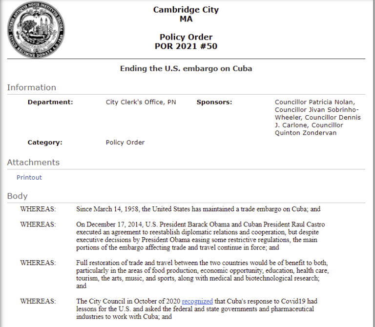 City of Cambridge policy order on Cuba embargo, March 15, 2021