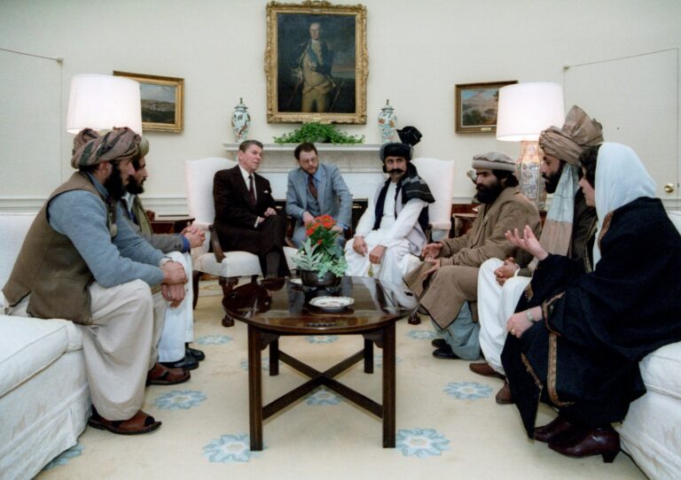 President Reagan meeting with Afghan Mujahedeen in the Oval Office, Feb 2, 1983. Reagan Library/ Michael Evans photo