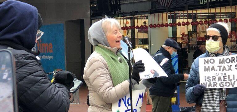 Rosemary Kean, member of MAPA's Fund Healthcare, Not Warfare group, and a retired nurse, spoke about Massachusetts residents' many needs for healthcare at the "No More Billions for Israel's Crimes - Fund OUR Needs in These Harsh Times" rally, Nov. 29, 2021, Boston. Photo: Pat Westwater-Jong/MAPA