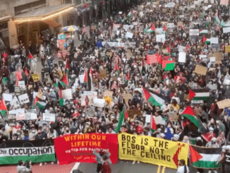 A pro-Palestinian protest in midtown Manhattan amid the Israeli assault on Gaza, May 11, 2021. (Screen capture by the Times of Israel/Twitter)