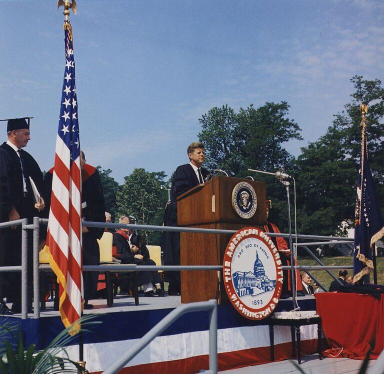 President John F. Kennedy delivering the commencement address at American University, June 10, 1963. Photo: JFK Library