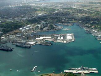 An overhead view of the Naval base at Pearl Harbor-Hickam, Hawai’i