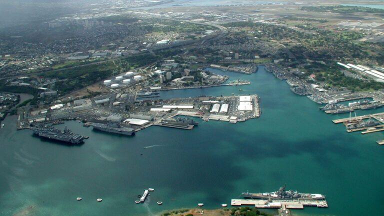 An overhead view of the Naval base at Pearl Harbor-Hickam, Hawai’i