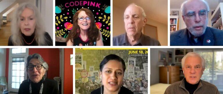 Speakers at Nuclear War Danger conference. Clockwise from upper left: Elaine Scarry, Jodie Evans, Larry Cohen, Joseph Gerson, Joe Cirincione, Shailly Gupta Barnes, Phyllis Bennis