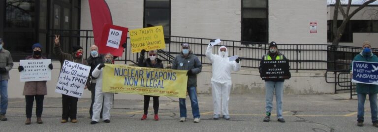 Protesters demand abolition of nuclear weapons, Raytheon Cambridge facility, January 2021