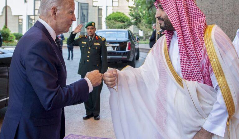 In this image released by the Saudi Royal Palace, Saudi Crown Prince Mohammed bin Salman, right, greets President Joe Biden with a fist bump after his arrival at Al-Salam palace in Jeddah, Saudi Arabia, Friday, July 15, 2022. (Bandar Aljaloud/Saudi Royal Palace via AP)
