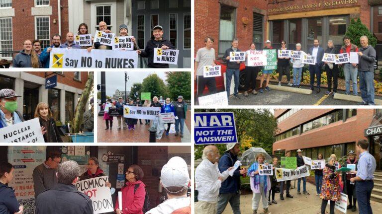 Activists rallied to Defuse Nuclear War at six Massachusetts Congressional offices Oct 14. MAPA photos