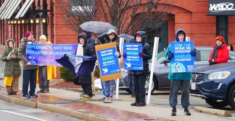Peace in Ukraine protest on Shrewsbury St, Worcester, MA, near Rep. Jim McGovern's office. MAPA photo