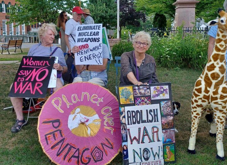 The Traprock Center for Peace and Justice held a vigil on Saturday, August 6, at the Greenfield Town Common, 11 AM to noon, to commemorate the 77th anniversary of the atomic bombing of Hiroshima and Nagasaki, and call for rapid nuclear disarmament worldwide.