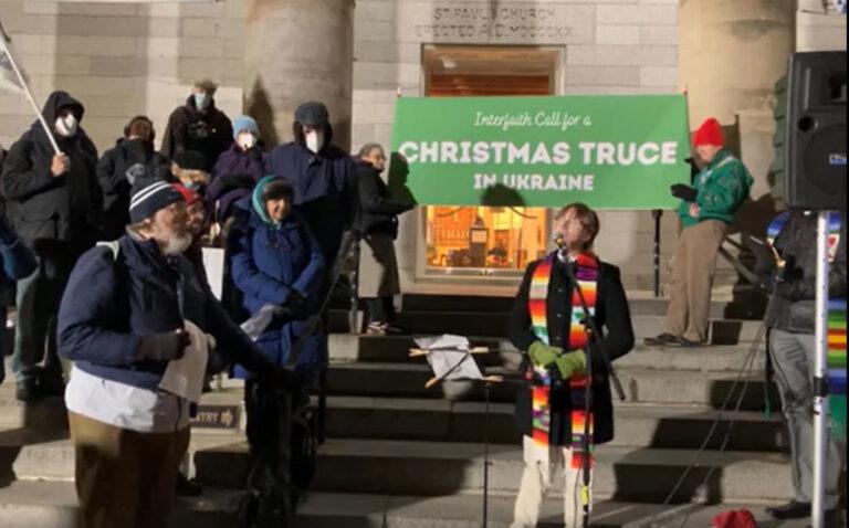 Very Rev. Amy McCreath, dean of the Cathedral Church of St. Paul (Episcopal), speaks for a Christmas Truce in Ukraine, St. Paul's steps, Dec. 19, 2022 / MAPA photo