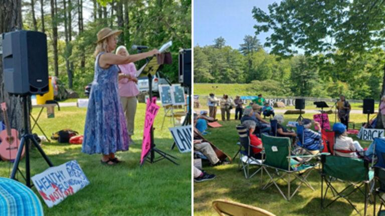 Connecticut River Defenders rally; Dodi Melnicoff at left, Northfield, May 27. MAPA photos/Merri Ansara.