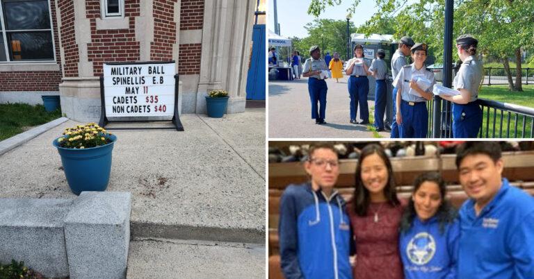 Signs of militarism at East Boston High School: sign at school entrance advertising the JROTC Military Ball; cadets distributing literature at commencement, June 16, 2023; Mayor Michelle Wu greeting students wearing the schools' F-15 insignia during her visit, 2022.