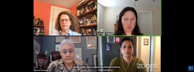 Fund Healthcare Not Warfare: Second Annual Forum presenters Rep. Carol Doherty, Lindsay Koshgarian, Deborah Weinstein, and Shailly Gupta Barnes. Photo: MAPA Livestream
