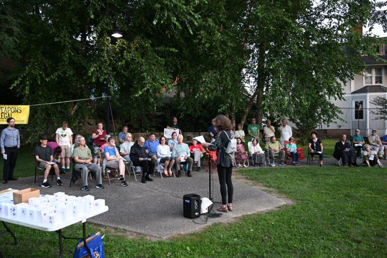 Claire Schaeffer-Duffy addressed the Hiroshima memorial event in Worcester, August 6, 2023. Photo: Sam Bishop