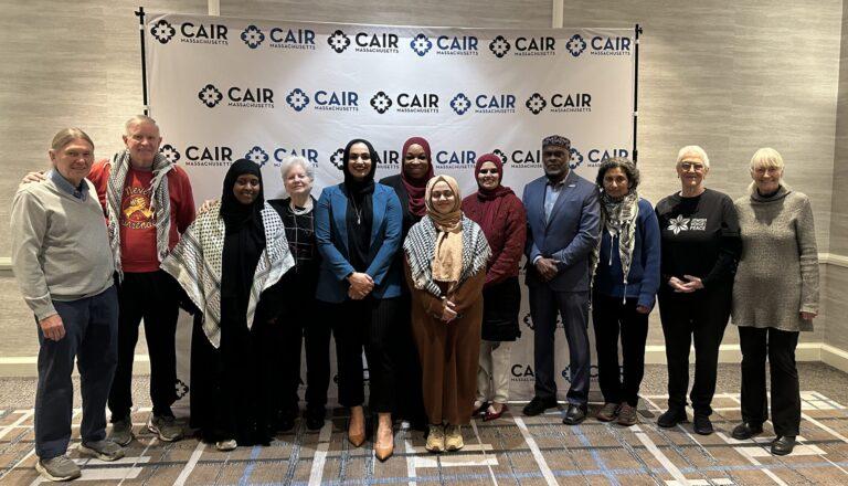 CAIR staff and leaders are flanked by representatives from MAPA, JVP Boston, Arlington for Palestine, Alliance for Water Justice in Palestine, and others at a January 30, 2025 press conference designating Harvard a "hostile campus". Photo: CAIR-MA