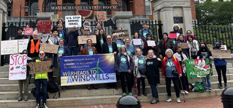 Advocates rallied for divestment from WMD and fossil fuels, Massachusetts State House, May 20, 2025. Photo: Fran Jeffries/ MAPA
