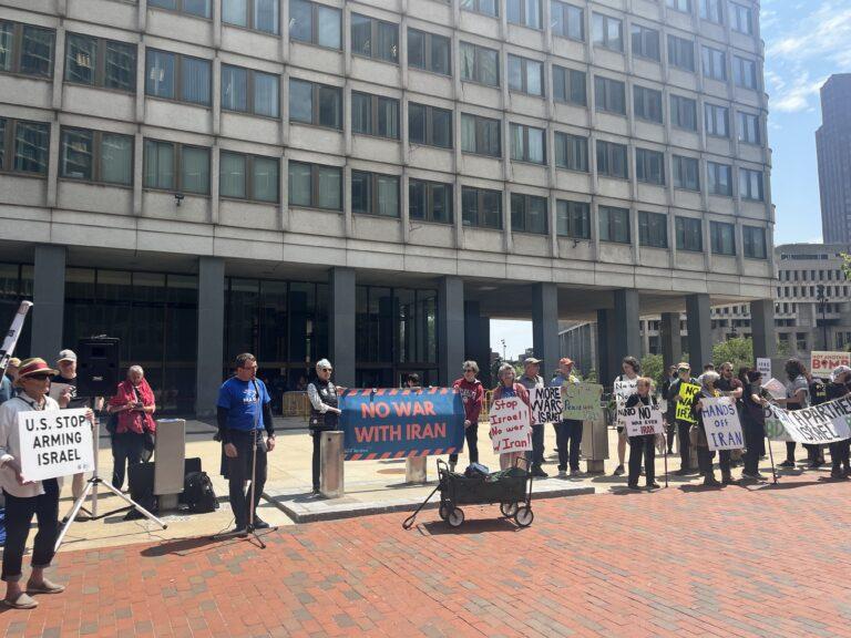 Demonstrators gather to call for an end to Israel's war on Iran.