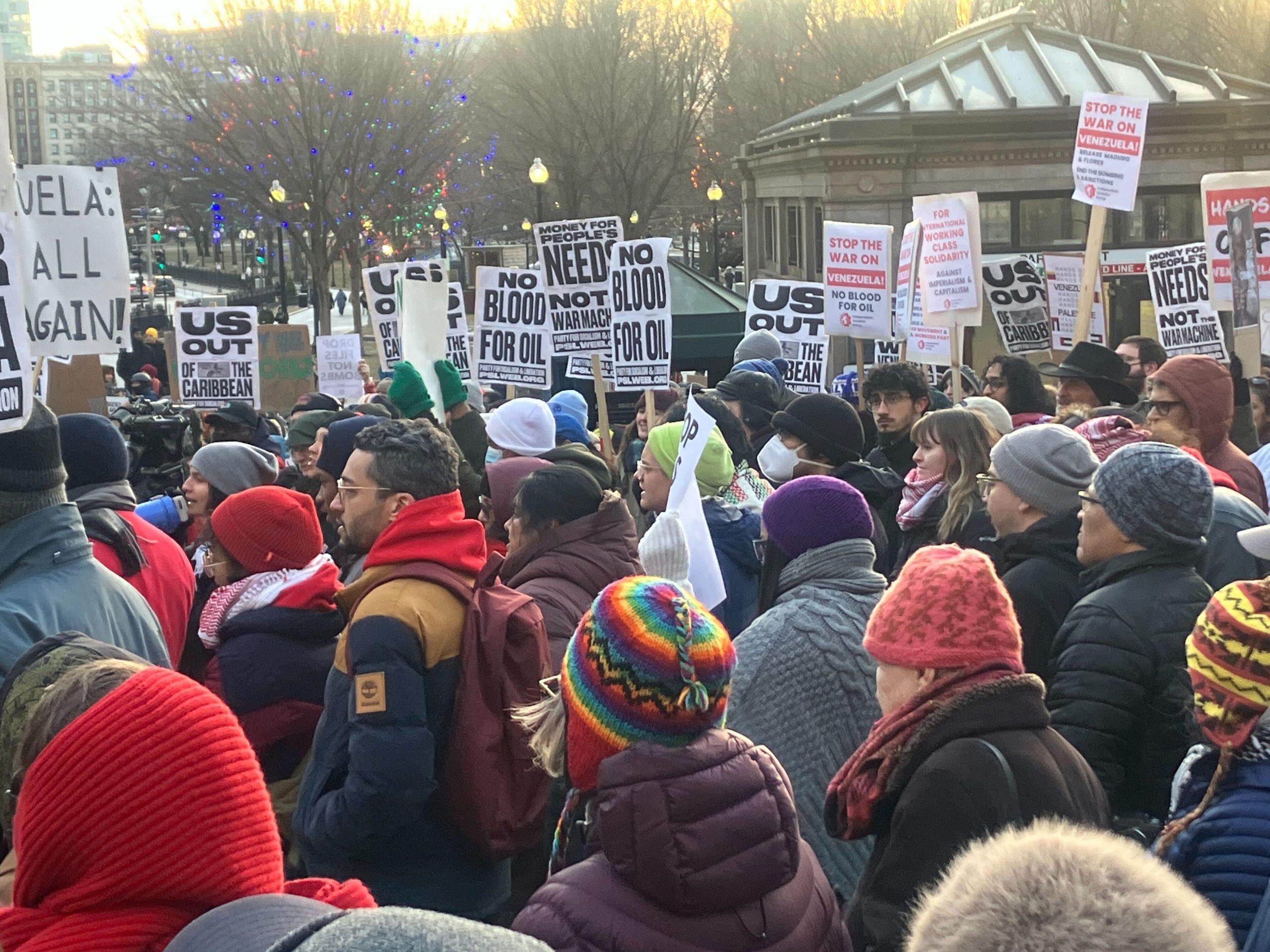 Flags at a Massachusetts public demonstration for democracy