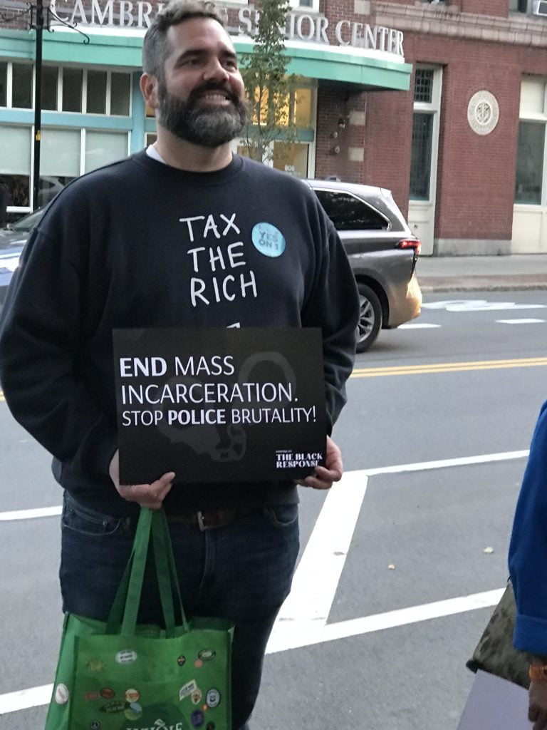 Mike at a rally against police brutality at Cambridge City Hall, Oct 2022. Photo: Jackie Dee King/ MAPA