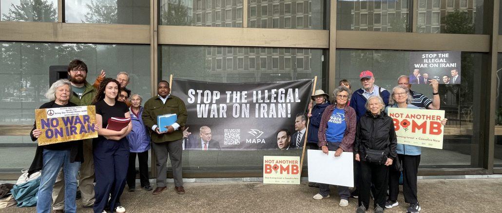 Make Peace with Iran letter delivery, July 7, 2026, Boston. Joseph Gerson is at right in red baseball cap. Photo: Lauren Martin/ MAPA