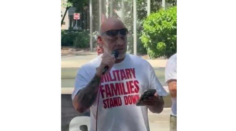 Johnny Odom, Iraq and Afghanistan combat veteran and father of deployed soldier, spoke in Philadelphia, July 4, 2026. Photo: Nancy Lessin/ MFSO