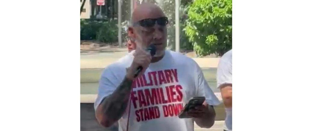 Johnny Odom, Iraq and Afghanistan combat veteran and father of deployed soldier, spoke in Philadelphia, July 4, 2026. Photo: Nancy Lessin/ MFSO